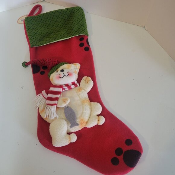 Tii Collections W8825 Christmas Cat Stocking 21" Red & Green Plush Holiday Decor - Picture 1 of 4